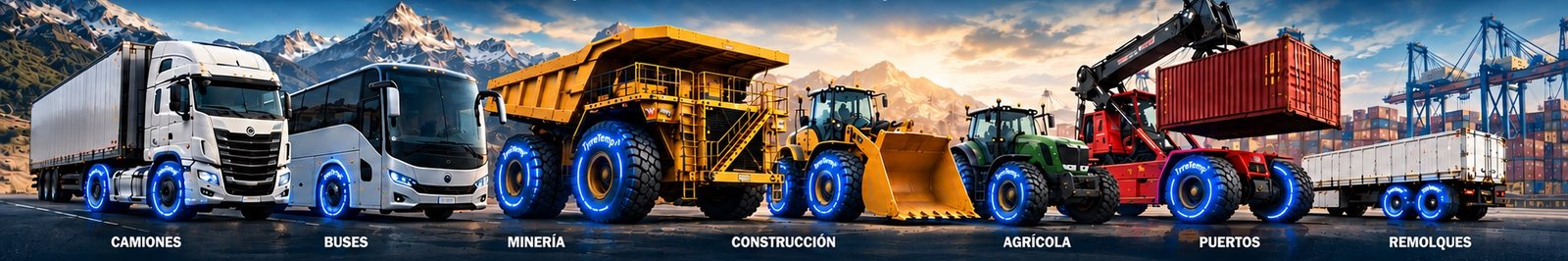 Camión, bus, volqueta de minería, cargador de construcción, tractor agrícola, reach stacker portuario y remolque, cada uno con el anillo luminoso TyreTemp en su llanta